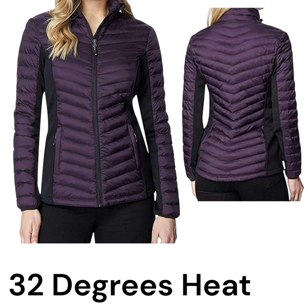 32 Degrees Heat Women’s Mixed Media Jacket Purple Black Lightweight Puffer Sz S